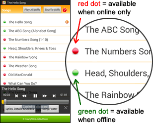 Red and green dots next to songs
