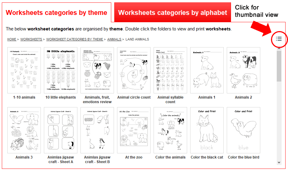 Thumbnail view' to view image previews of the worksheets