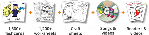 Flashcards, worksheets, craft sheets, songs and readers