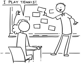Teach structures "What sports do you play?", "I play ~", "I don't play~"